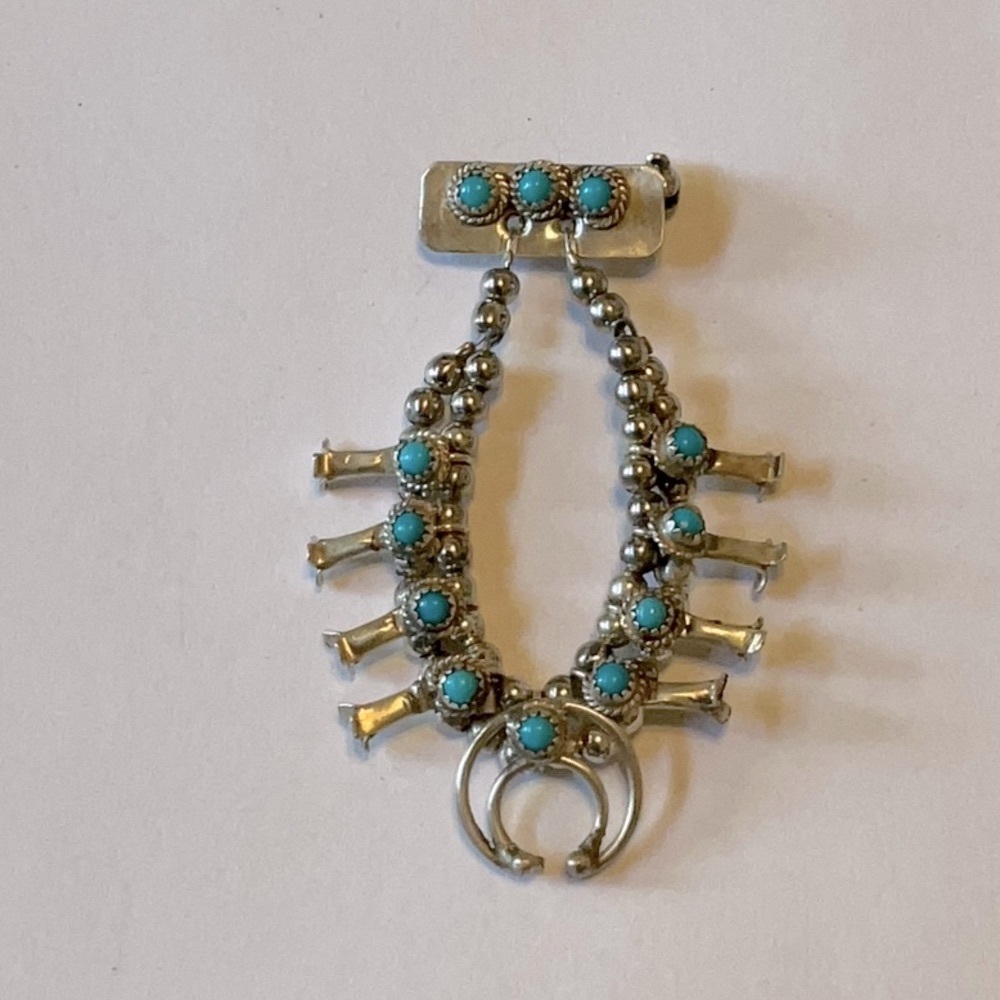 Turquoise Sterling Silver Mini Squash Blossom Necklace Pin Brooch.